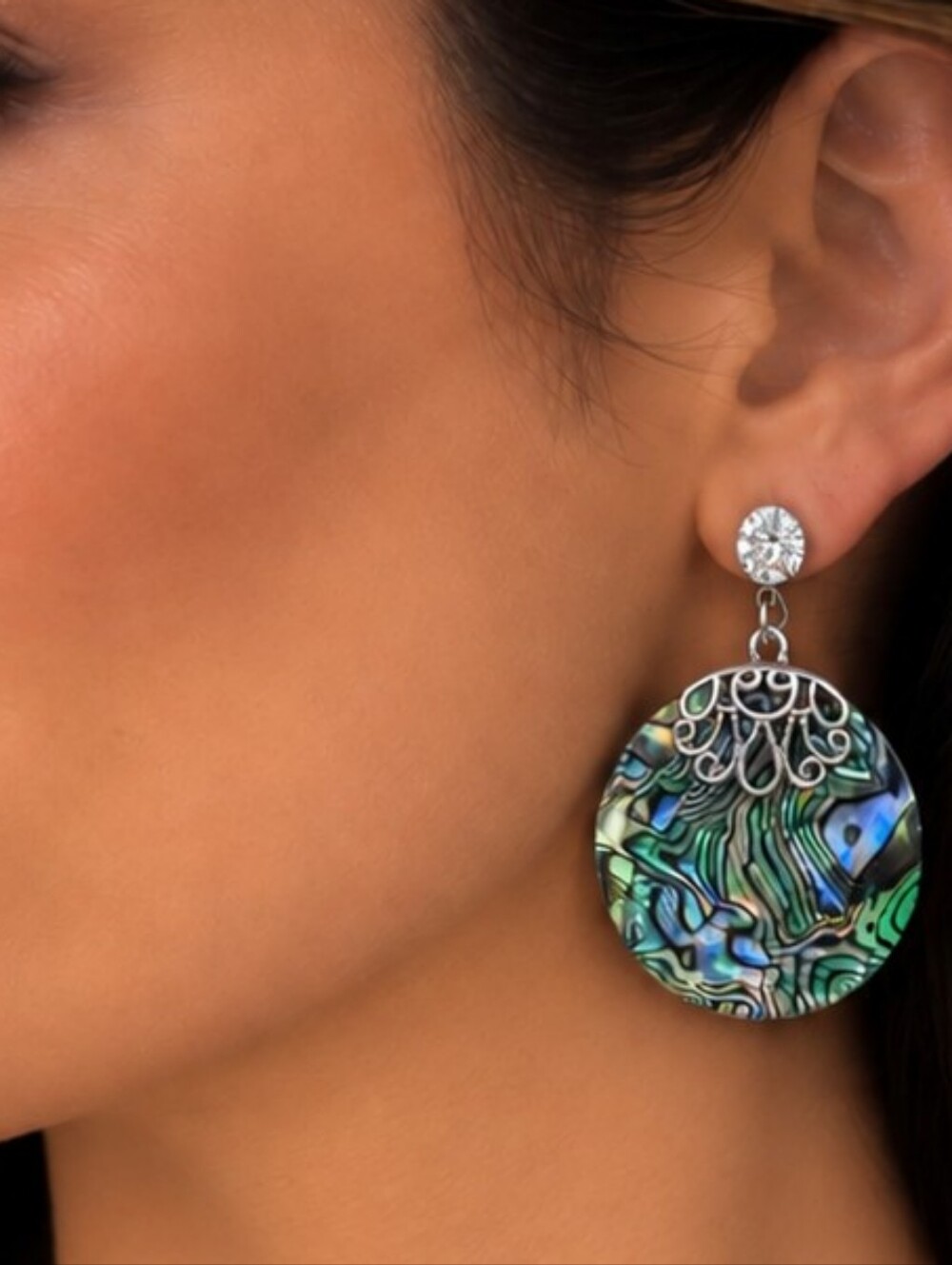 💎 Abalone Shell Look Round Dangle Earrings Rhinestone Silver Tone Statement